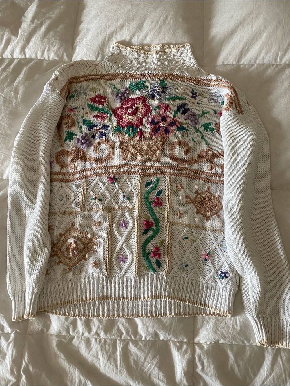Vintage Floral Embroidered Grandma Sweater, Cottage-Core